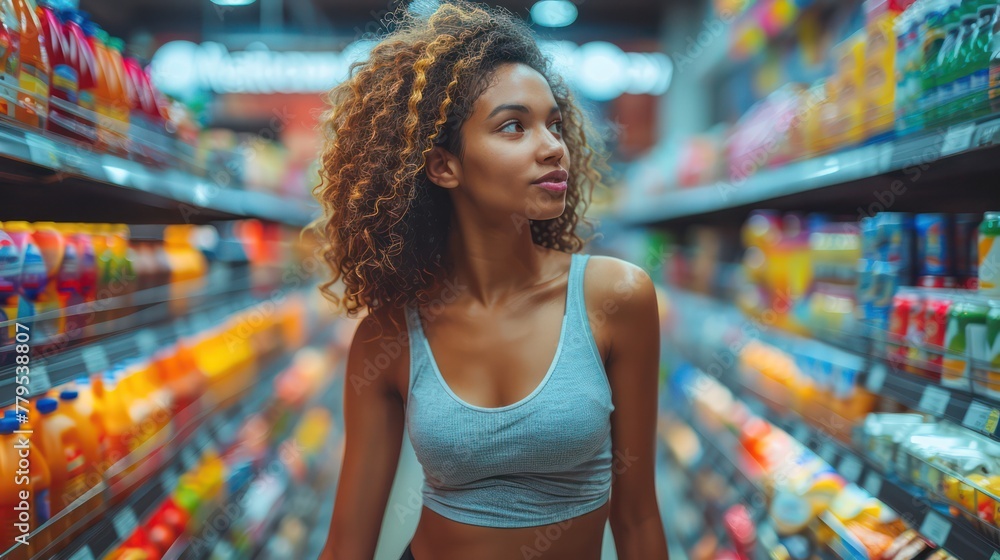 A happy woman shopping in the supermarket pushing a supermarket trolley. A happy woman shopping in the supermarket pushing a supermarket trolley.