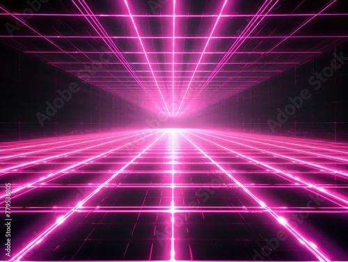 pink light grid on dark background central perspective  futuristic retro style with copy space for design text photo backdrop