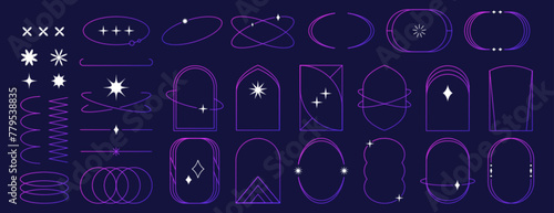 Set of aesthetic linear frames, trendy minimalist lines, arcs with sparkles and minimal decoration elements isolated on blue background. Purple gradient line arch or simple borders in boho style.