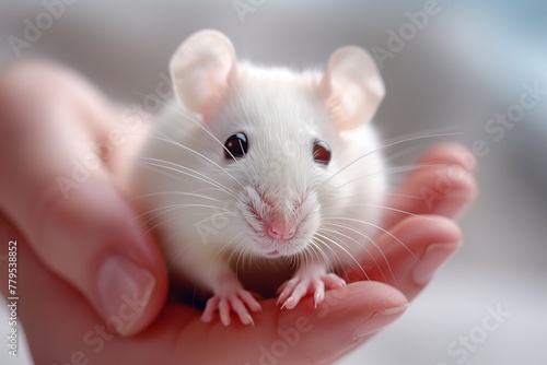 A white mouse in hands.