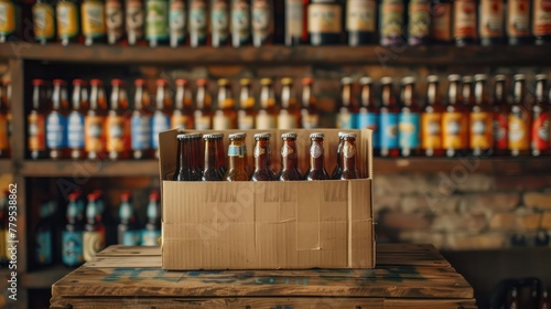 Cardboard boxes inside of craft beer. Aerial view. Behind the shelves are colorful craft beers. photo