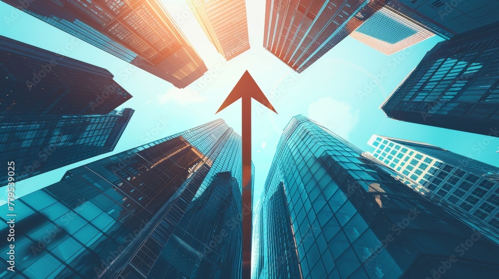 An arrow soaring upwards against a backdrop of skyscrapers symbolizes the trajectory of business growth in a thriving urban landscape  AI generated illustration