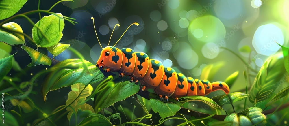 An insect caterpillar, a type of larva, is moving along a green terrestrial plant. Caterpillars are important pollinators for moths and butterflies