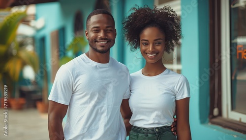 Smiling African man and woman wearing white t-shirts Dark green pants photo