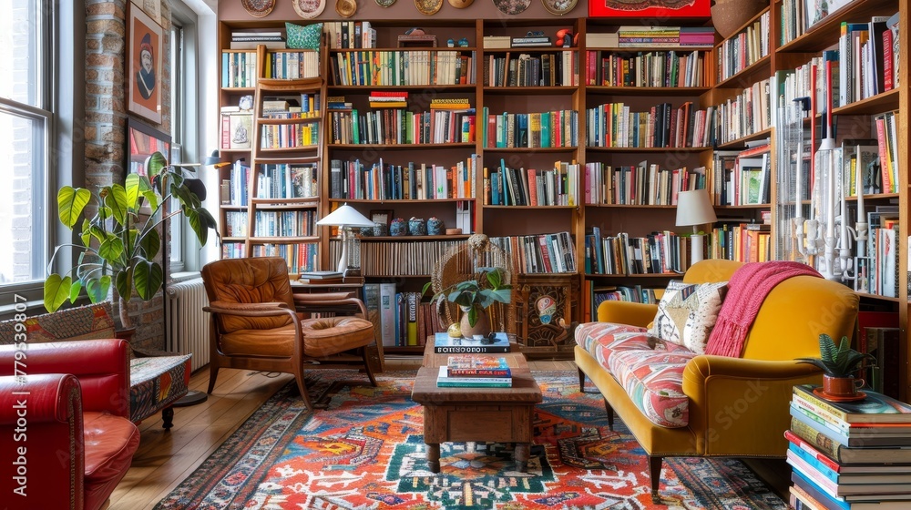 An eclectic home library with mismatched furniture AI generated illustration An eclectic home library with mismatched furniture AI generated illustration