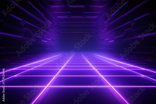 purple light grid on dark background central perspective, futuristic retro style with copy space for design text photo backdrop photo