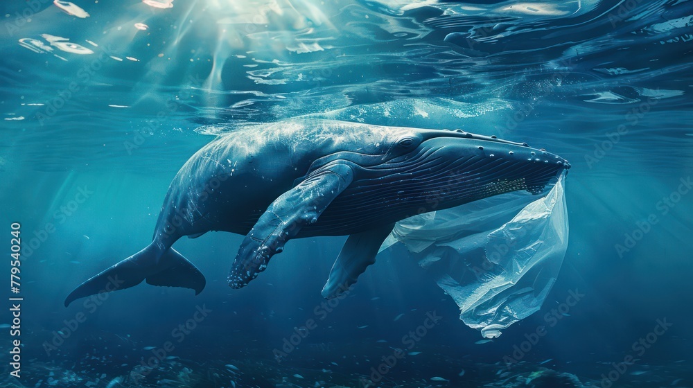 Obraz premium A blue whale sits on a pile of plastic bags. Plastic bags pollute the ocean. Concept of environmental conservation.