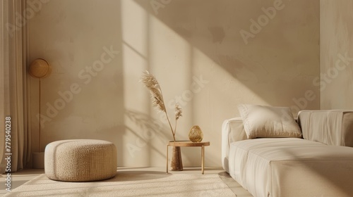 Interior design of living room with copy space, beige sofa, side table, leaf in vase, pouf, elegant accessories and boucle rug. Beige wall. Minimalist home decor. Template