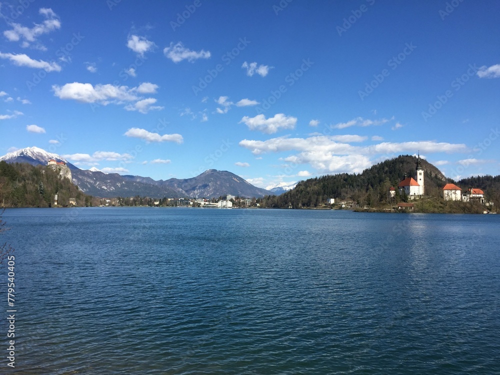 View of Lake Bled with the church in the background. Slovenia.