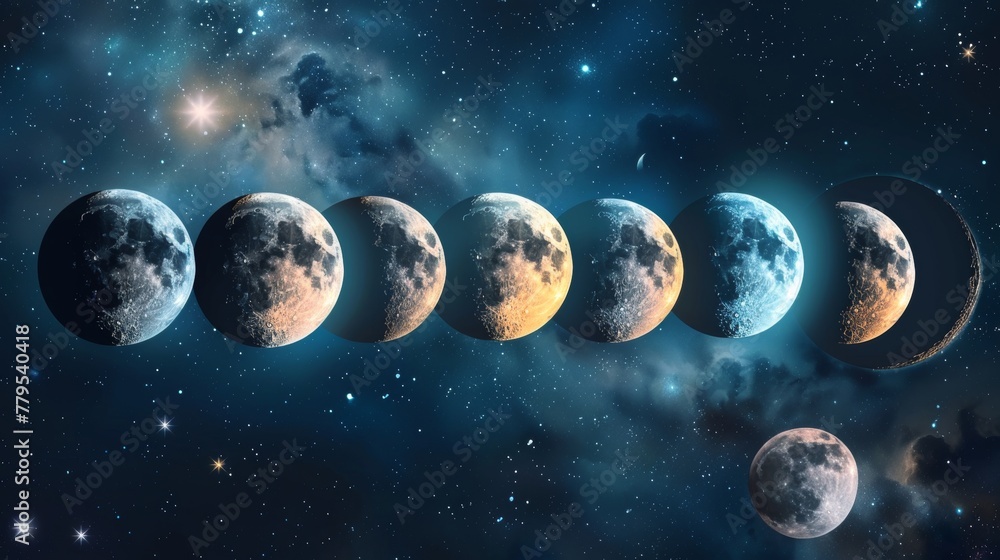Celestial moon phases in a cosmic scene  AI generated illustration - obrazy, fototapety, plakaty 