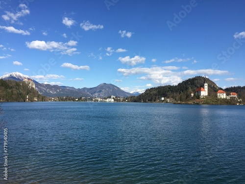 View of Lake Bled with the church in the background. Slovenia. © Wirestock
