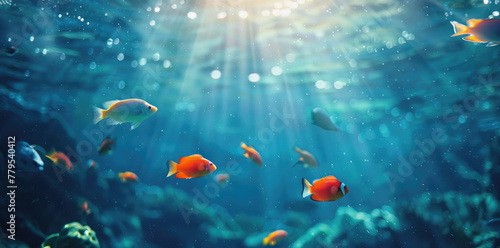 A group of beautiful fish swimming in the blue sea