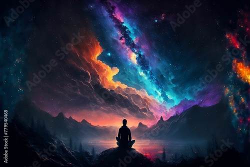 a person sitting on a rock looking out at the stars and planets