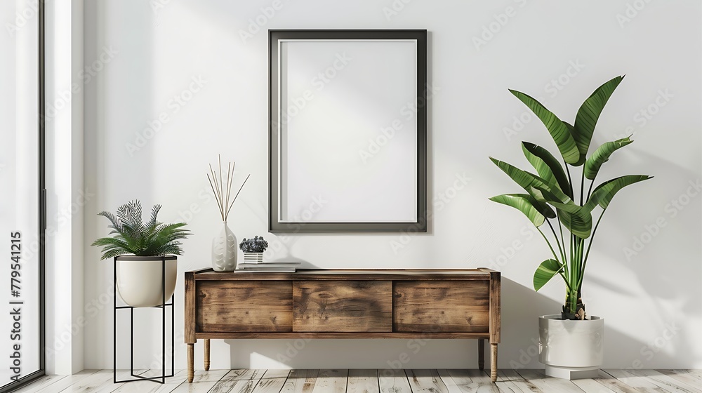 blank poster frame mockup on white wall living room with wooden sideboard with small green plant blank poster frame mockup on white wall living room with wooden sideboard with small green plant
