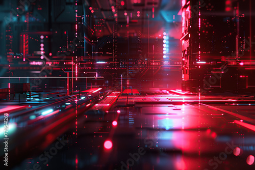horizontal image of a cybernetic abstract background with lights and reflections in the context of future technology