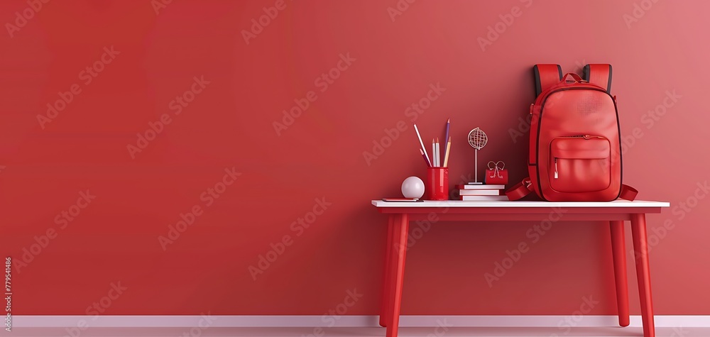 3D rendering school desk with school accessory and red backpack on solid background 3D rendering school desk with school accessory and red backpack on solid background