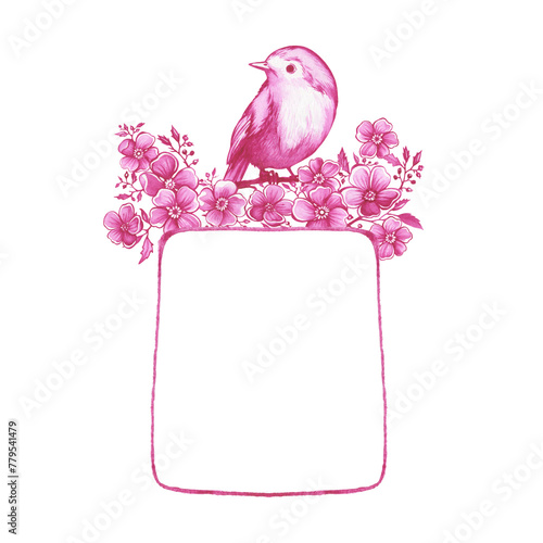 Label with space for copying text, decorated with pink flowers and a bird. Hand drawn watercolor painting on white background