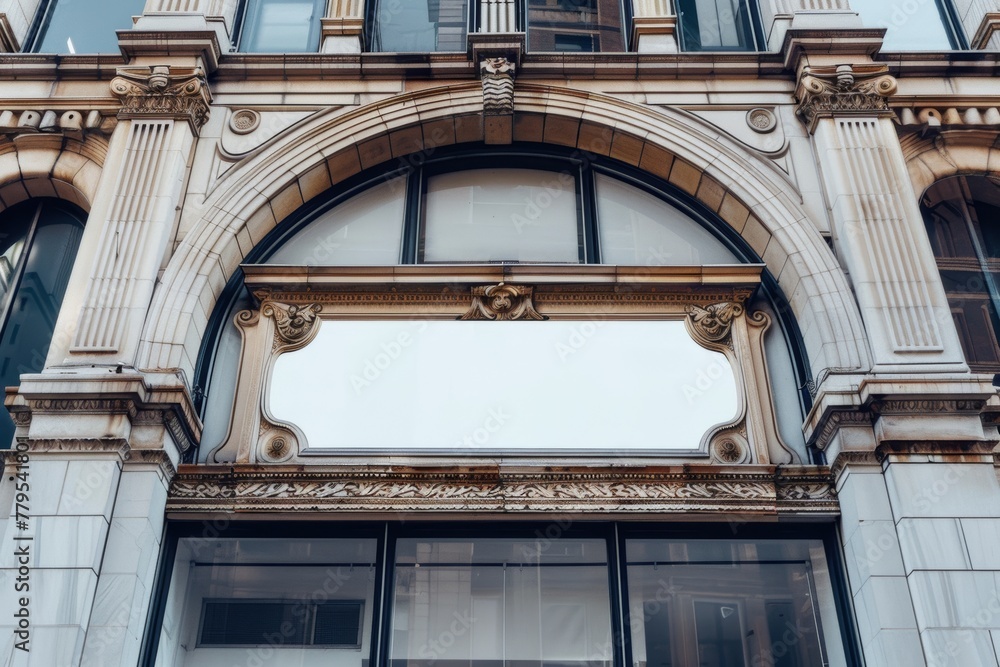Obraz premium Elegant blank store sign on classic building facade with architectural details