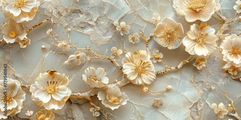 Soft colored marble mural featuring golden flowers on a white background. Soft colored marble mural featuring golden flowers on a white background.