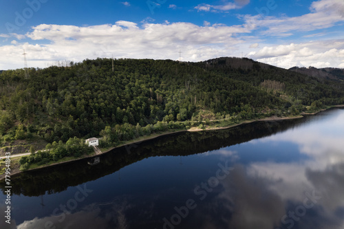 Barrier lake of the Oder river in front of the dam - near the town of Bad Lauterberg, Harz mountains, Lower Saxony, Germany. Aerial view. © Igor Syrbu