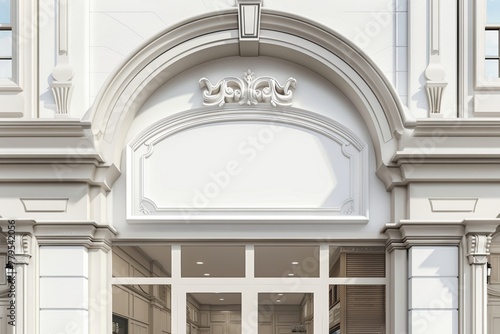 Elegant blank store sign on a classic arched storefront facade photo
