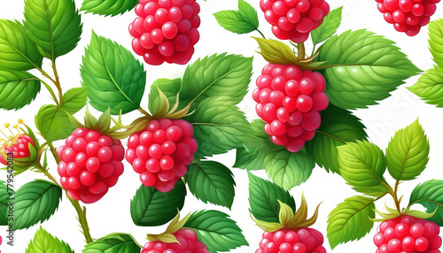 Seamless pattern of ripe red raspberries with lush green leaves, ideal for summer harvest festivals or healthy eating concepts