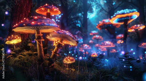 Enchanted forest with glowing mushrooms AI generated illustration