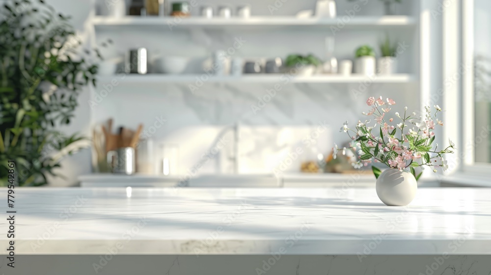 Modern luxury white kitchen tabletop with decors and copy space for montage your product display over blurred modern kitchen space in the background. 3d rendering, 3d illustration