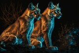 AI generated illustration of two wild cats with glowing neon blue effects