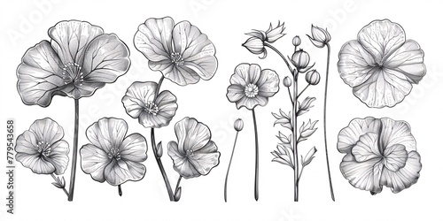 A set of hand-drawn illustrations of Centella asiatica flower leaves in black and white, perfect for graphic labels, stickers, menus, and packaging.