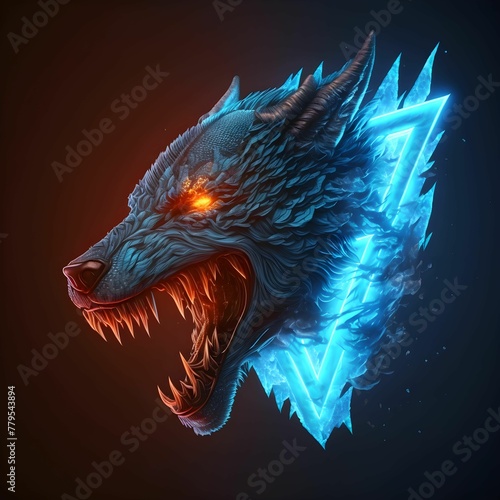 AI generated illustration of a growling wolf head with furious eyes on an isolated background
