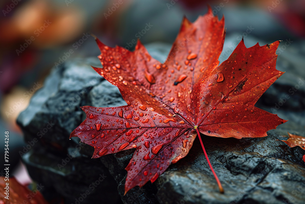 Wet red maple leaf on a stone. Generated by artificial intelligence Wet red maple leaf on a stone. Generated by artificial intelligence
