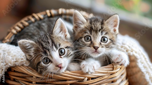 Irresistible kittens cuddled up in a basket  AI generated illustration