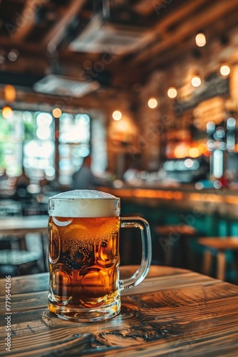 A mug of beer on an empty table. Close-up shot blurred background