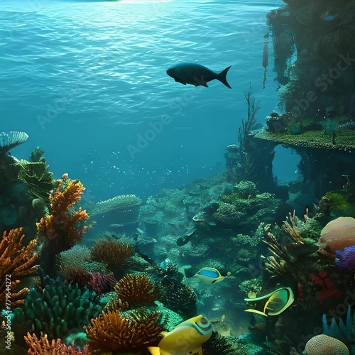 AI generated illustration of colorful coral reefs and fish underwater
