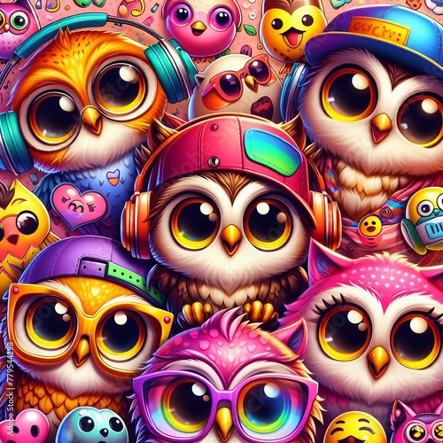 Wallpaper Mural AI generated illustration of a vibrant colorful background with cute owls Torontodigital.ca