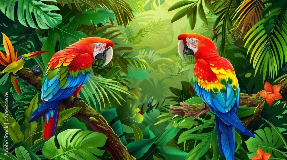 Obraz premium Lush tropical jungle with colorful birds AI generated illustration