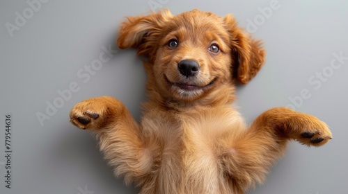 Playful Golden Puppy Smiling with Paws Up.