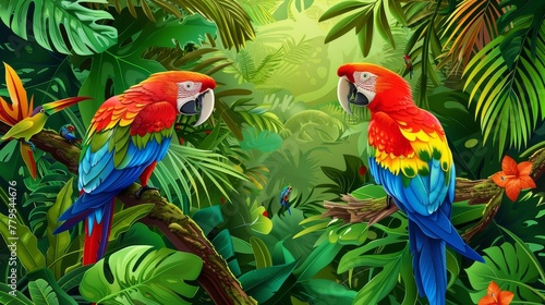 Lush tropical jungle with colorful birds AI generated illustration