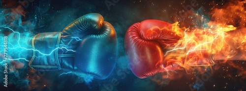 Fiery Red and Icy Blue Boxing Gloves Clash in Combat.