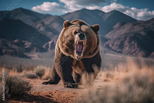 AI generated illustration of A bear standing in a mountainous landscape, its mouth open wide