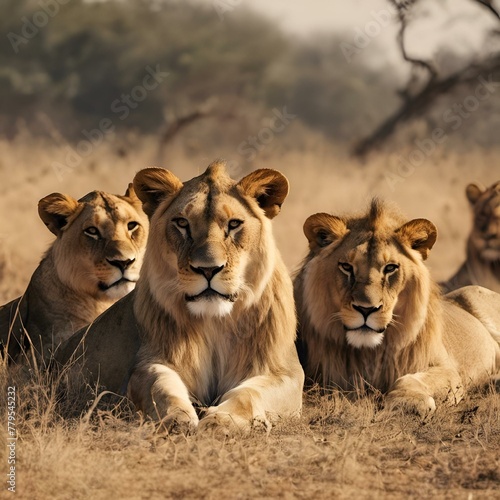 AI generated illustration of majestic lions basking in the golden African sunlight