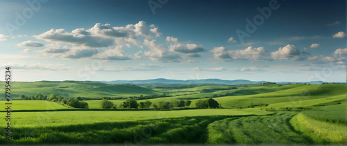 Photo real as Verdant Vistas A farming landscape where green fields stretch to the horizon. in nature and landscapes theme ,for advertisement and banner ,Full depth of field, high quality ,include cop photo