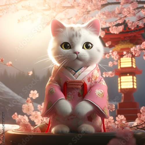 AI generated illustration of a cat wearing traditional clothing for animation scene