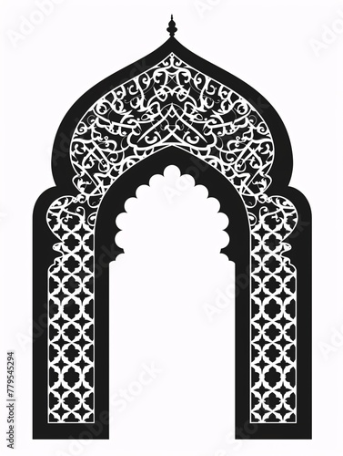 Elegant Islamic door and window silhouette with ornate Arabic arch. A set of oriental-inspired patterns in traditional Muslim design for Ramadan Kareem. Isolated on a white background.