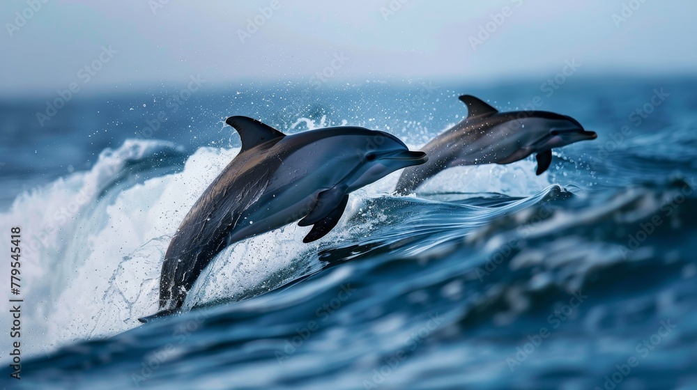Naklejka premium Playful dolphins jumping through waves AI generated illustration