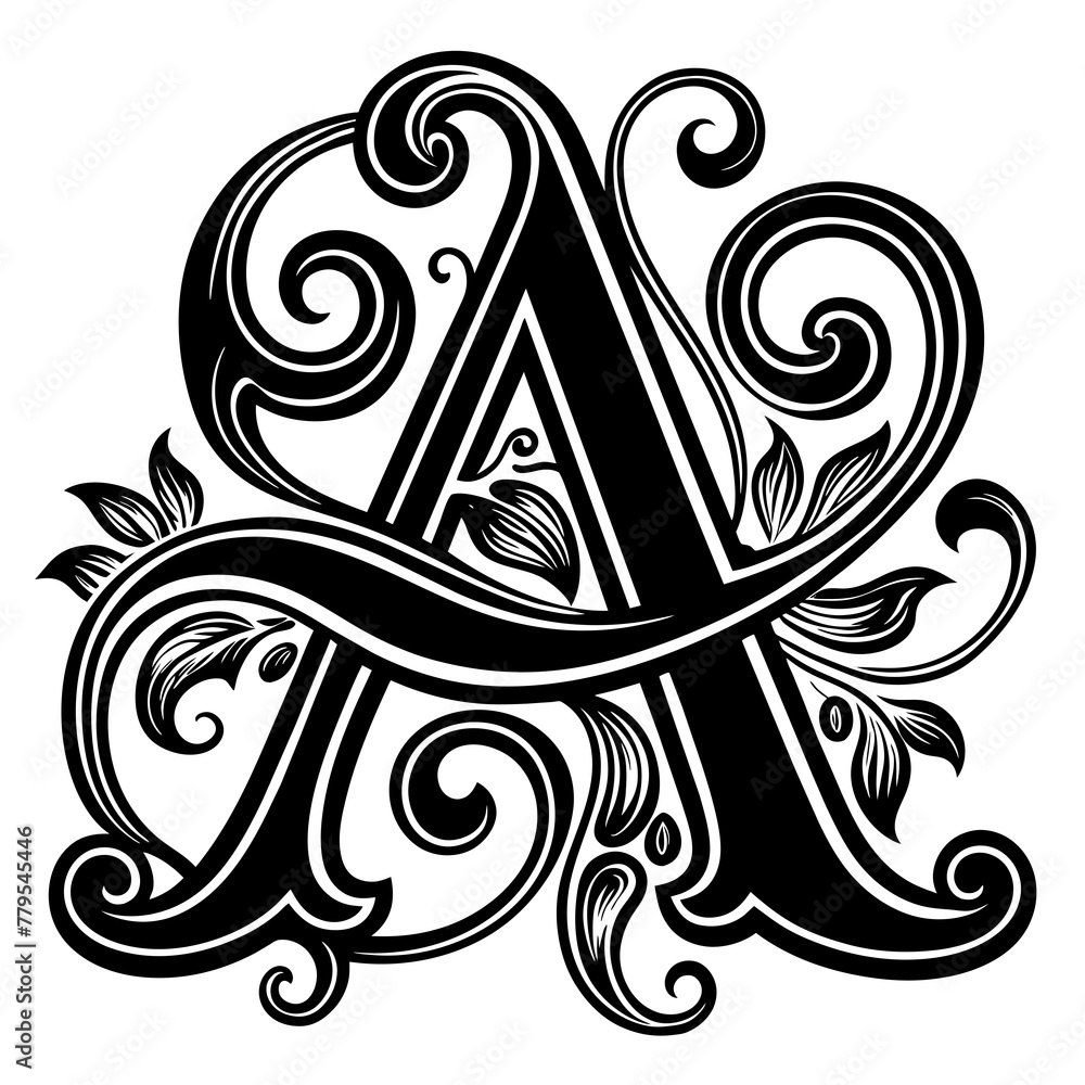 Fototapeta premium abstract floral ornament, black letter silhouette vector illustration,icon,svg,monogram characters,Holiday t shirt,Hand drawn trendy Vector illustration,a to z letter on black background