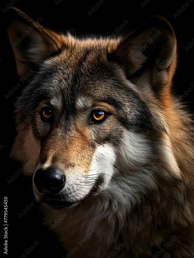 AI generated illustration of a wolf portrait under the lights against a black background