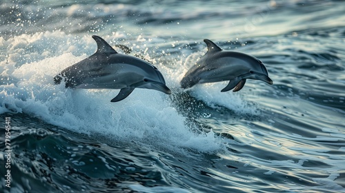 Playful dolphins jumping through waves  AI generated illustration © Olive Studio