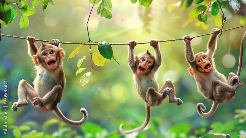 Fototapeta premium Playful monkeys swinging from vines AI generated illustration